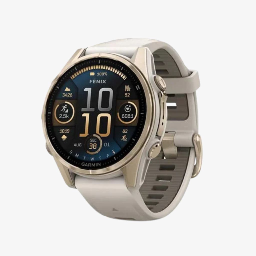 fēnix® 8 – 43 mm AMOLED-Display, Saphirblau, Softgold mit Silikonarmband in Nebelgrau/Dunkelsandstein - Image 1