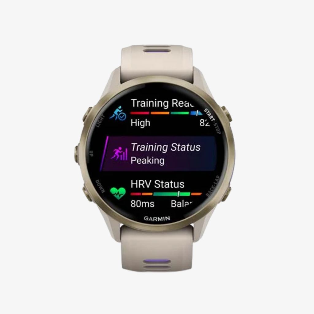 Forerunner® 970, Soft Gold Titanium with French Grey Case and French Grey/Translucent Indigo Band - Image 2