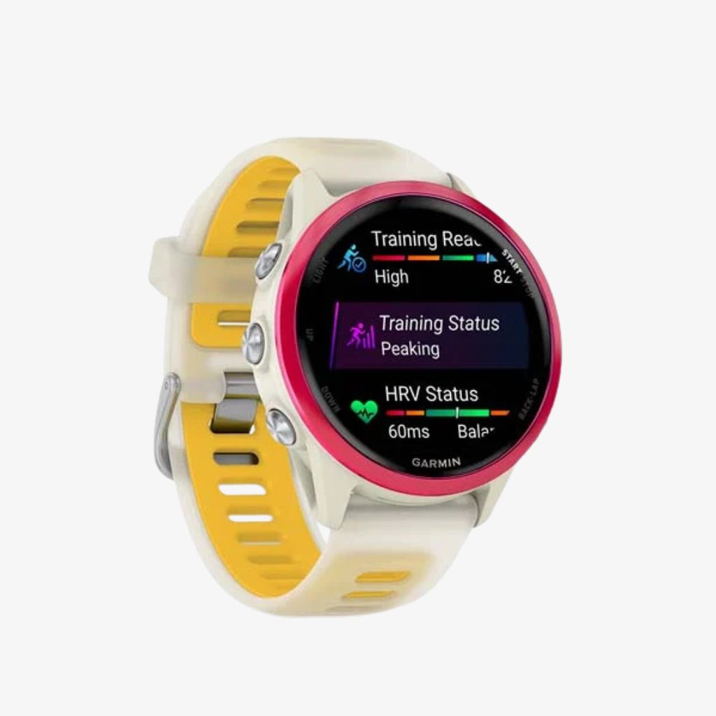 Forerunner® 570 - 42 mm - Himbeerfarbenes Aluminium mit durchscheinendem Armband in Knochenweiß/Mango - Image 3