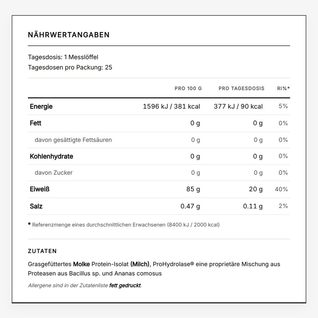 Molkenproteinisolatpulver aus Weidehaltung – Geschmacksneutral